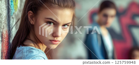 Young woman with striking gaze next to urban mural 125759948