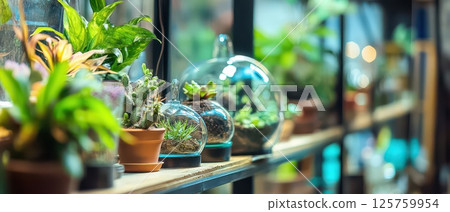 Indoor plants showcased in glass terrariums 125759954