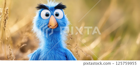 Colorful blue puppet stands in tall grass 125759955
