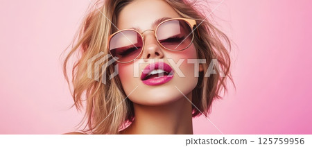 Model in stylish shades on pink backdrop 125759956