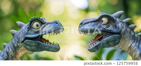Dinosaurs converse in a lush green setting 125759958