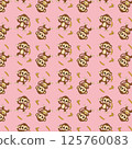 Cute cartoon monkeys and bananas repeat in a playful pattern on a pink background. 125760083