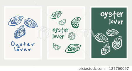Hand drawn oyster food poster. Set of doodle food poster design template. Template design for exhibition, poster, wall art, festival poster, cover, background and media design. 125760097