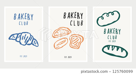 Hand drawn bakery poster. Set of minimal doodle bakery poster design template. Template design for exhibition, poster, wall art, festival poster, cover, background and media design. Hand drawn bakery poster. Set of minimal doodle bakery poster design template. Template design for exhibition, poster, wall art, festival poster, cover, background and media design. 125760099
