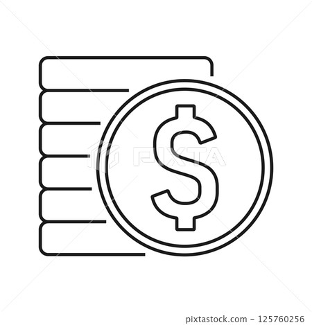 Stack of coins icon with dollar symbol, minimal black outline design on white background. Financial savings, money accumulation, investment symbol for apps and design use. Concept: money savings. Stack of coins icon with dollar symbol, minimal black outline design on white background. Financial savings, money accumulation, investment symbol for apps and design use. Concept: money savings. 125760256