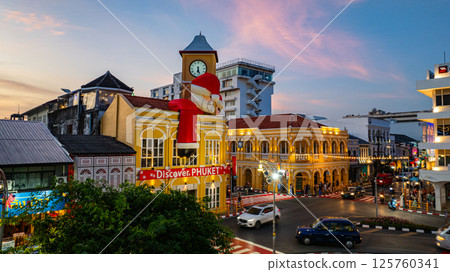 Aerial view of Festive Clock Tower with Santa Decorations 125760341