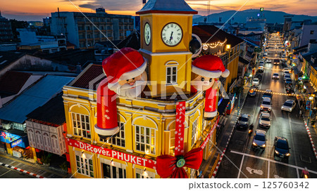 Aerial view of Festive Clock Tower with Santa Decorations 125760342