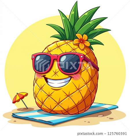 Fun pineapple relaxing on the beach. 125760391