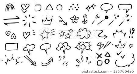 Doodle textured ink and brush lines, hearts, stars and other comic icons vector hand drawn simple set Doodle textured ink and brush lines, hearts, stars and other comic icons vector hand drawn simple set 125760450