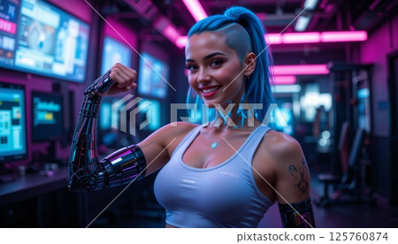 Strong Woman with Cybernetic Arm in a Neon Gym 125760874