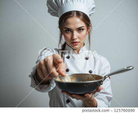 Focused Female Chef Pointing with Pan 125760890