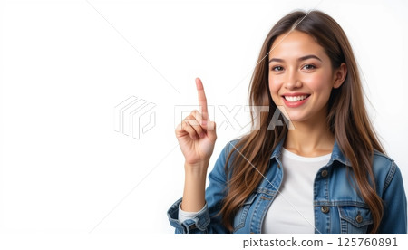 Smiling Woman Pointing Upwards 125760891