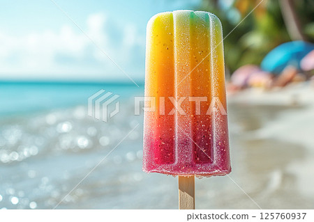 Popsicle with rainbow colors on a long stick on a summer background. Summer fun. Retro style. 125760937