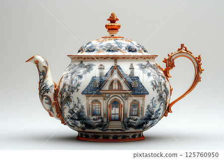 Ceramic teapot in shape of a house in a Baroque style on a white background. 125760950