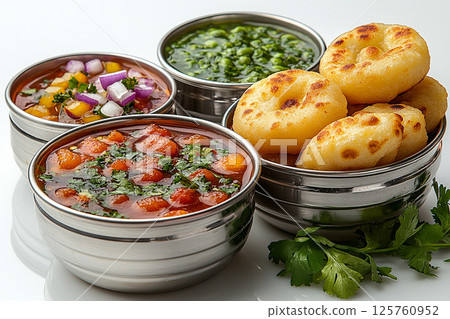 Indian Tiffin lunch box. Traditional Indian stainless steel plate with panipuri and tamarind broth nearby. Indian Tiffin lunch box. Traditional Indian stainless steel plate with panipuri and tamarind broth nearby. 125760952