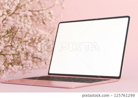 Stylish pink laptop with blank screen placed near delicate spring flowers on soft pastel background, perfect for feminine branding, beauty blog design, floral website mockup, or digital content promo 125761299