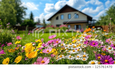 Colorful garden blooms near a house 125761470
