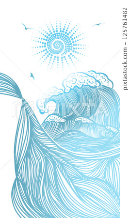 Sun and sea graphics vertical background. Hand drawing. Not AI, Vector illustration. 125761482