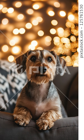 Small dog relaxes by holiday lights 125761530