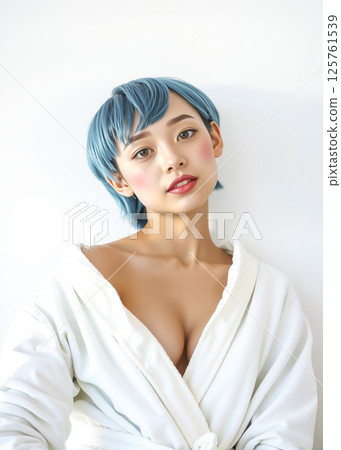 身穿浴袍、藍頭髮的年輕女子 身穿浴袍、藍頭髮的年輕女子 125761539