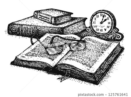 Vector still life. Old books and clock 125761641