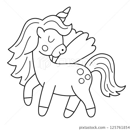 Vector black and white unicorn icon. Magic creature line clipart. Cute fairytale character. Woodland fantasy animal with horn and wings. Forest fairy tale illustration, coloring page Vector black and white unicorn icon. Magic creature line clipart. Cute fairytale character. Woodland fantasy animal with horn and wings. Forest fairy tale illustration, coloring page 125761854