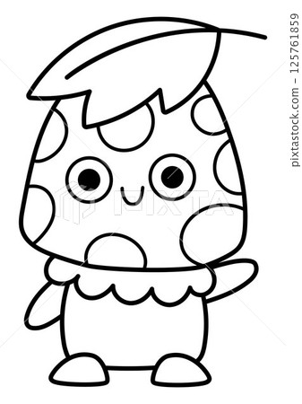 Vector black and white smiling mushroom icon. Magic creature line clipart. Cute fairytale character. Woodland fantasy fly agaric waving hand. Forest fairy tale illustration, coloring page 125761859