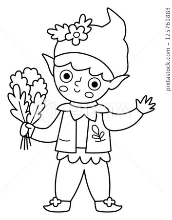 Vector black and white elf icon. Magic fay creature line clipart. Cute fairytale character. Woodland fantasy boy with bouquet of leaves. Forest fairy tale illustration, coloring page 125761883