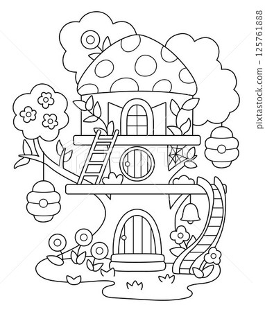 Vector black and white fairy house icon. Woodland princess home line clipart. Fantasy forest cottage illustration, coloring page. Magic fairytale treehouse shaped as ladybug, insects Vector black and white fairy house icon. Woodland princess home line clipart. Fantasy forest cottage illustration, coloring page. Magic fairytale treehouse shaped as ladybug, insects 125761888