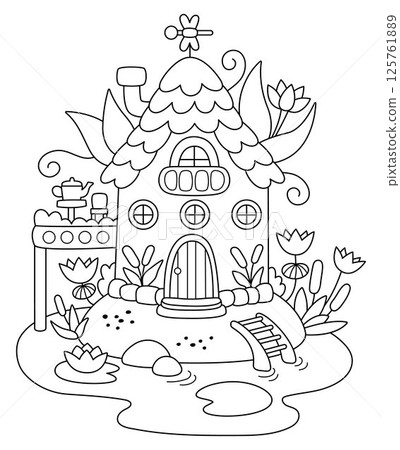 Vector black and white swamp fairy house line icon. Woodland princess home clipart. Fantasy forest cottage illustration, coloring page. Magic fairytale dwelling with reeds, water lily, dragonfly 125761889