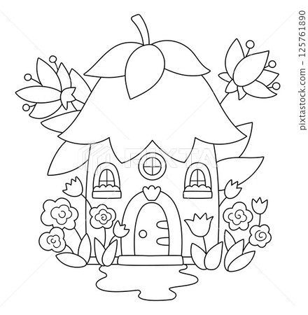 Vector black and white flower fairy house line icon. Woodland princess home clipart. Fantasy forest cottage illustration, coloring page. Magic fairytale dwelling shaped as tulip, roses, peonies 125761890