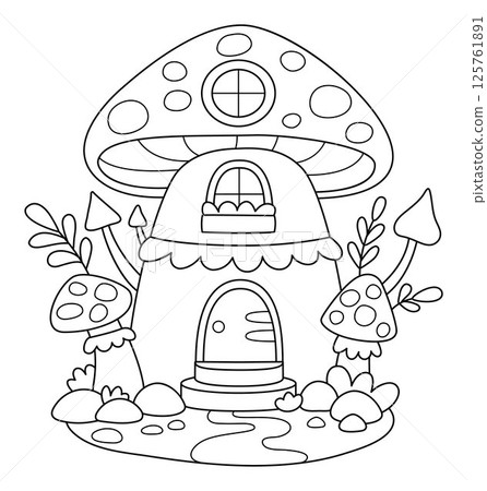 Vector black and white mushroom fairy house line icon. Woodland princess home clipart. Fantasy forest cottage illustration, coloring page. Magic fairytale dwelling shaped as toad stool 125761891