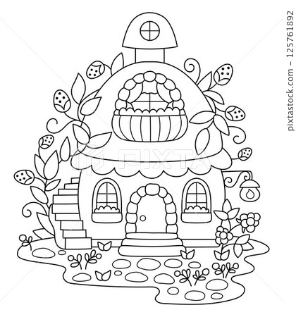 Vector black and white berry fairy house line icon. Woodland princess home clipart. Fantasy forest cottage illustration, coloring page. Magic fairytale dwelling shaped as strawberry 125761892
