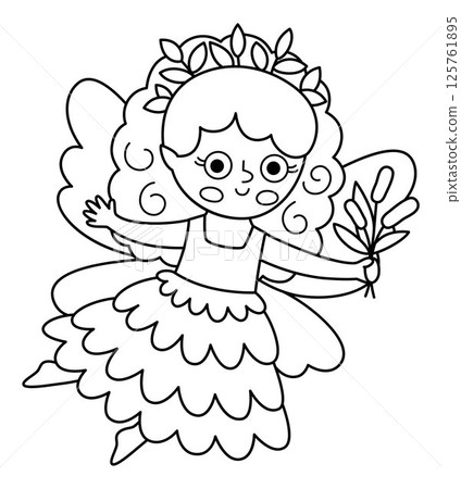 Vector black and white swamp fairy icon. Cute little girl with wings. Woodland princess line clipart. Fantasy forest fay illustration, coloring page. Magic fairytale creature in fish scale dress 125761895