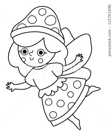 Vector black and white mushroom fairy icon. Cute little girl with wings. Woodland princess line clipart. Fantasy forest fay illustration, coloring page. Magic fairytale creature in toad stool dress, Vector black and white mushroom fairy icon. Cute little girl with wings. Woodland princess line clipart. Fantasy forest fay illustration, coloring page. Magic fairytale creature in toad stool dress, 125761896