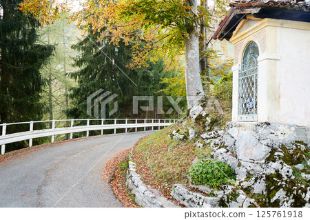 Picturesque Alps autumn landscape, serpentine mountain road in Lombardy, Italy. Colorful autumn scene Picturesque Alps autumn landscape, serpentine mountain road in Lombardy, Italy. Colorful autumn scene 125761918