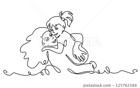 Happy Mothers day card. Continuous one line drawing. Woman hold her small daughter. Happy Mothers day card. Continuous one line drawing. Woman hold her small daughter. 125762389