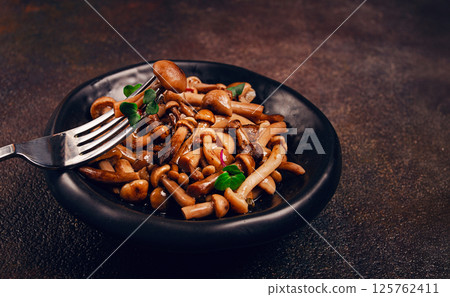 pickled honey mushrooms, in a bowl, homemade, top view, no people, 125762411