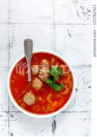 Romanian soup with meatballs, vegetable soup with meatballs, tiled table, homemade, no people, Romanian soup with meatballs, vegetable soup with meatballs, tiled table, homemade, no people, 125762421