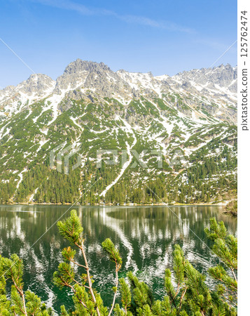 alpine lake in spring on a sunny day. travel landscape of rysy ridge in high tatra mountains of poland. snow among rocks and spruce forest on the hillside reflection in water. blue sky with clouds 125762474