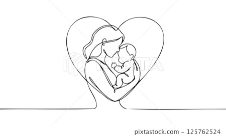 Mother holds baby inside heart. Simple lines create woman and child illustration. Motherhood designs parenting blogs family posters. Minimalist line art style with clean white background Mother holds baby inside heart. Simple lines create woman and child illustration. Motherhood designs parenting blogs family posters. Minimalist line art style with clean white background 125762524