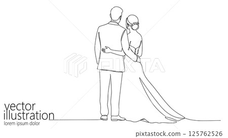 Love Couple embraces in line art illustration. Bride in wedding dress. Romantic wedding invitations greeting cards love themes. Minimalist line drawing back view clean white background 125762526