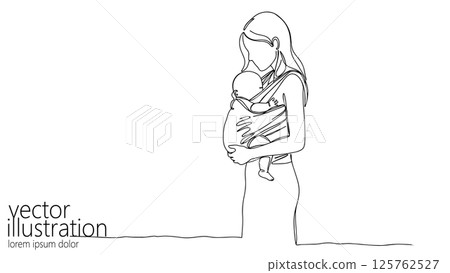 Woman holds baby in sling. Mother s long hair dress and baby carrier. Parenting blogs baby product promotion. Minimalist one-line art with white background Woman holds baby in sling. Mother s long hair dress and baby carrier. Parenting blogs baby product promotion. Minimalist one-line art with white background 125762527