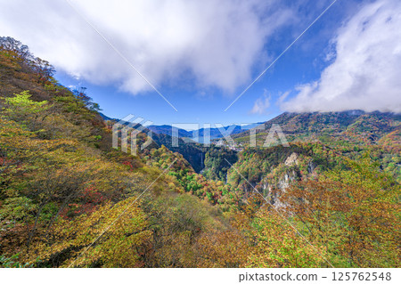 Lake Chuzenji and Kegon Falls seen from Akechidaira, Nikko with autumn leaves 125762548