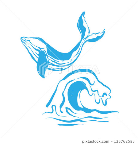 Hand drawn blue whale and wave. Big wave and sea fish in vintage style. Symbol of active recreation, tourism. Engraved illustration for poster, tattoo, t-shirt and postcard design. Vector illustration 125762583