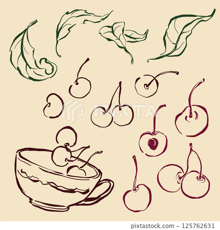Vector fruit doodle illustration of cherry. Hand-drawn garden harvest sketch. Organic farm graphics. Tasty food for design, veggie market drawing print, fabric or background. 125762631
