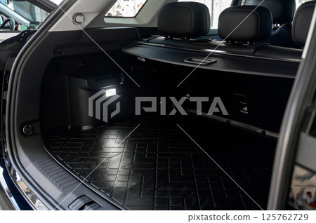 Large black empty car trunk. Open car trunk close up Large black empty car trunk. Open car trunk close up 125762729