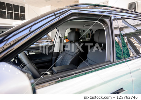 Interior of a modern car with black leather seats 125762746