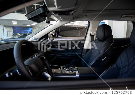 Interior of a modern car with black leather seats Interior of a modern car with black leather seats 125762798