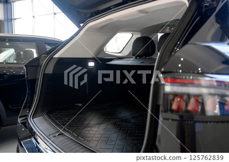 Large black empty car trunk. Open car trunk close up 125762839